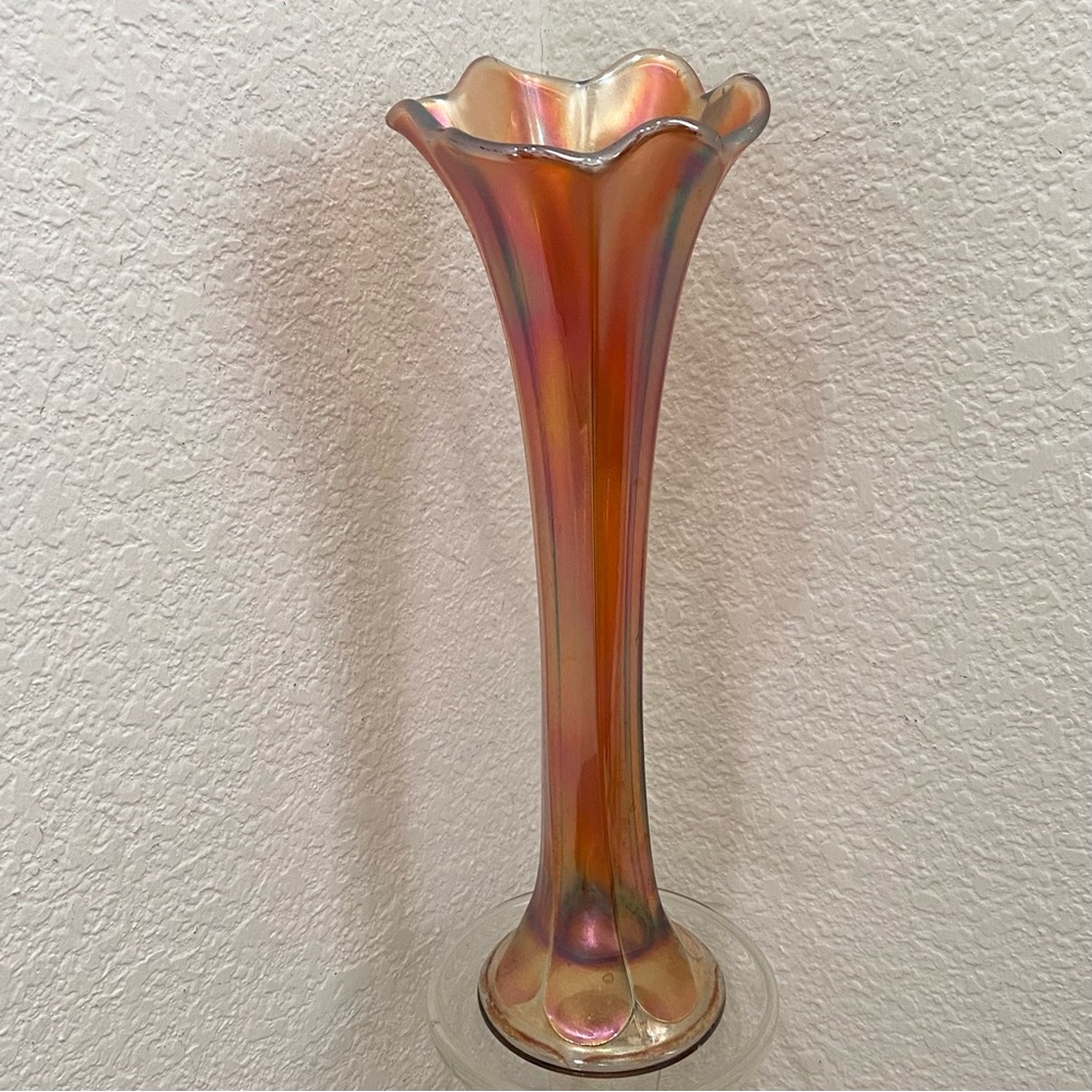 Vintage Carnival Glass Marigold Morning Glory 11.5” Flower Vase